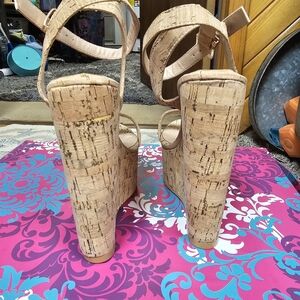 High cork nude wedges